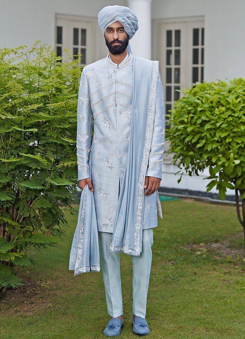 Ash Blue Sherwani Set Contrast by Parth - Fabilicious Fashion