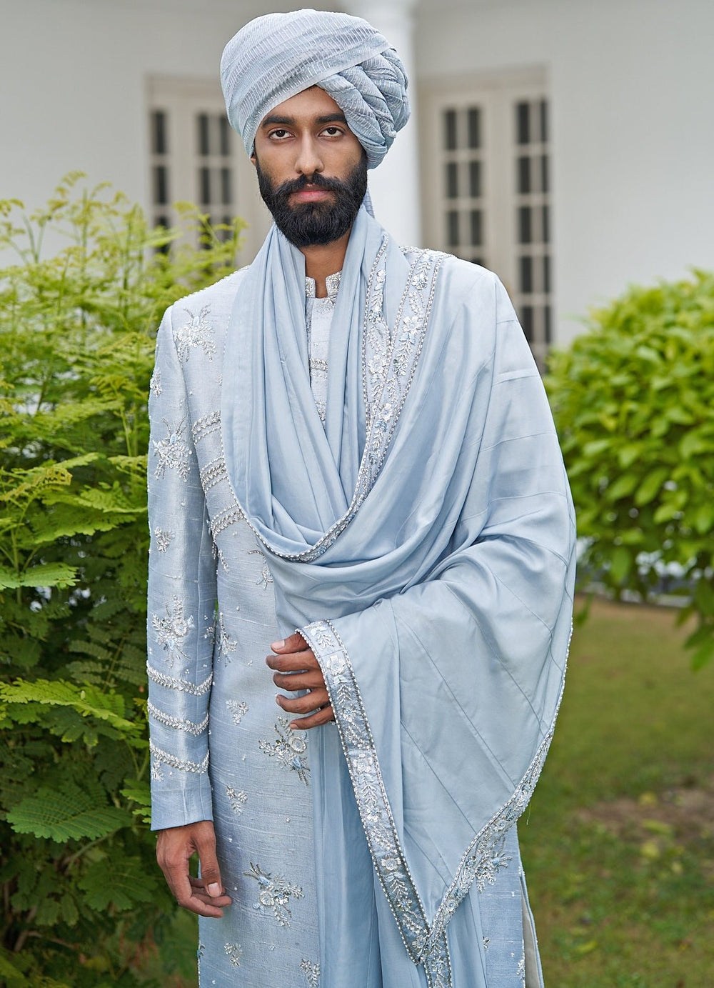 Ash Blue Sherwani Set Contrast by Parth - Fabilicious Fashion