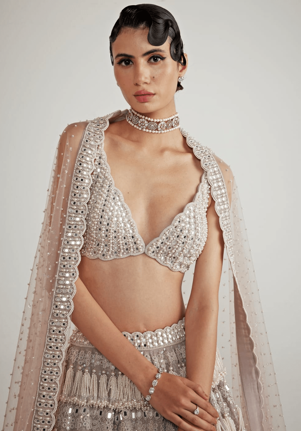 Ash Pink Chandelier Pearl Drop Lehenga Set Vvani By Vani Vats - Fabilicious Fashion