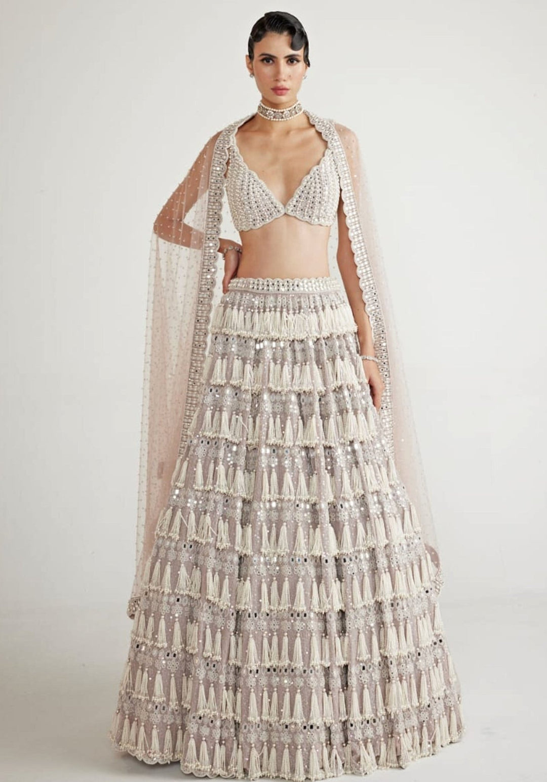 Ash Pink Chandelier Pearl Drop Lehenga Set Vvani By Vani Vats - Fabilicious Fashion