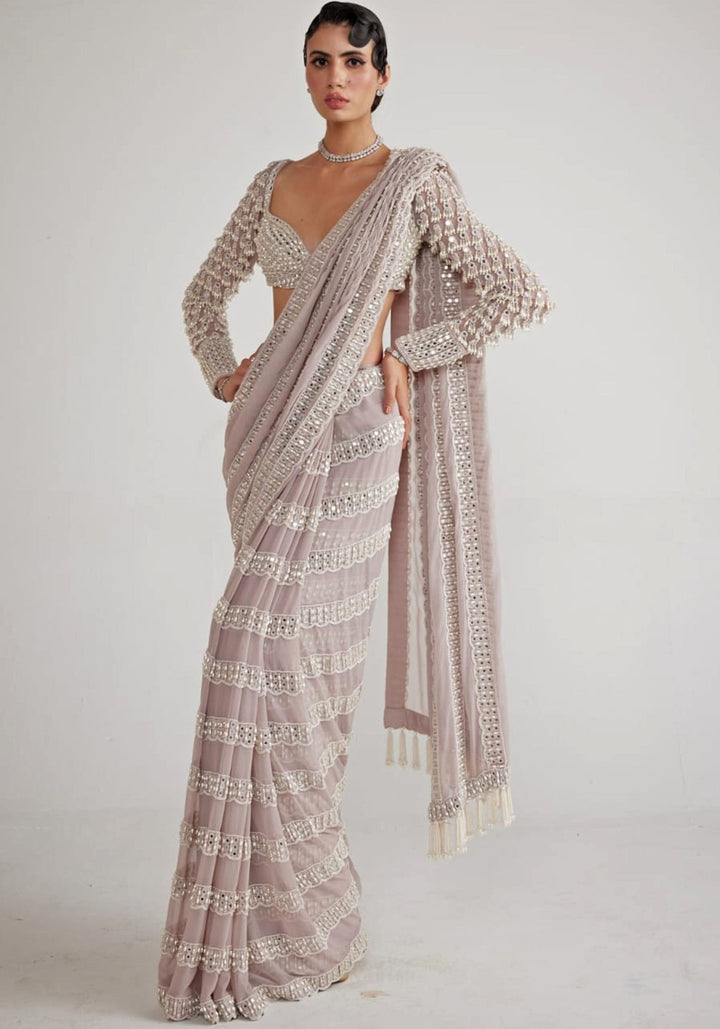 Ash Pink Chandelier Pearl Drop Pre Draped Saree Set Vvani By Vani Vats - Fabilicious Fashion