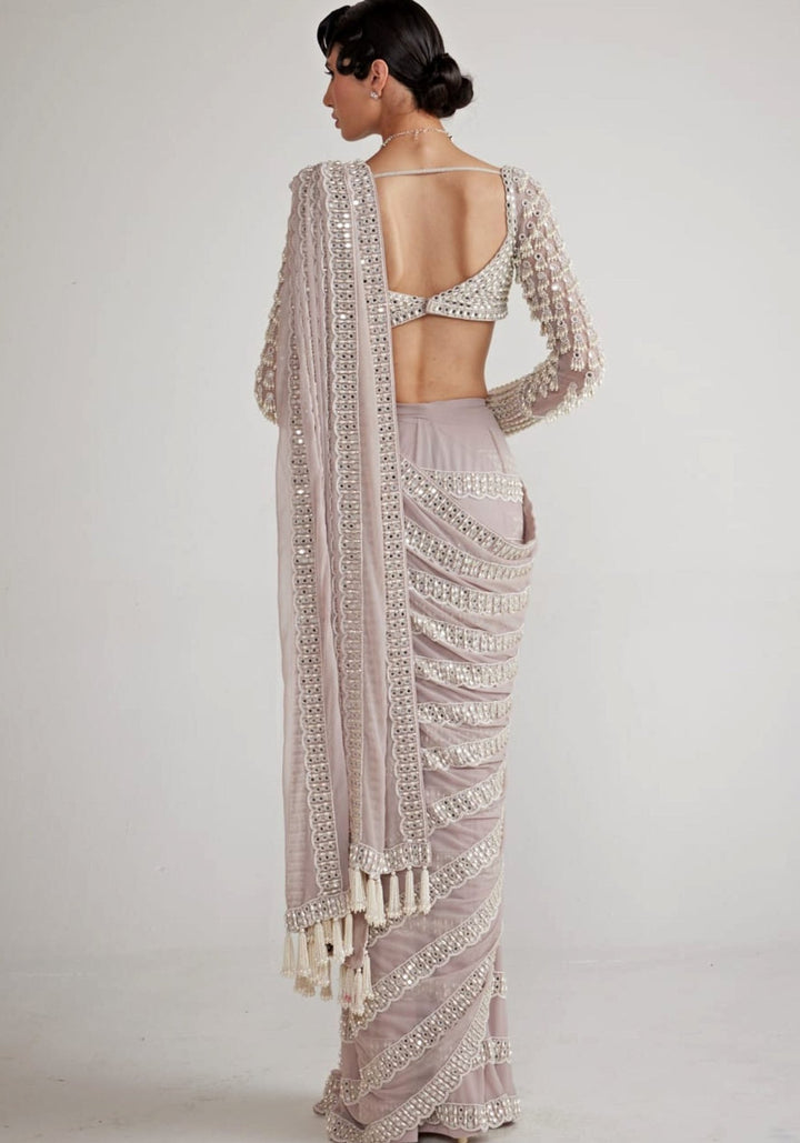 Ash Pink Chandelier Pearl Drop Pre Draped Saree Set Vvani By Vani Vats - Fabilicious Fashion