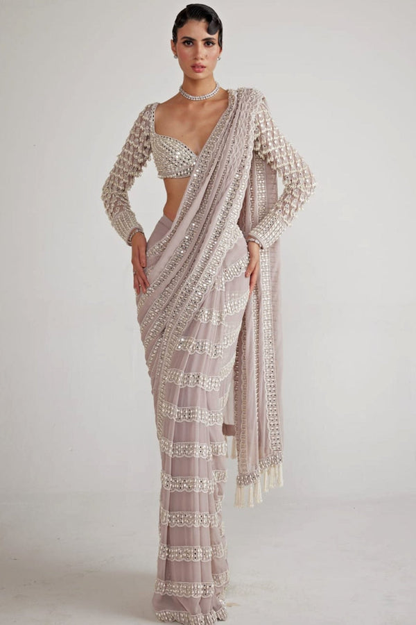 Ash pink chandelier pearl drop pre-draped saree by Vvani by Vani Vats