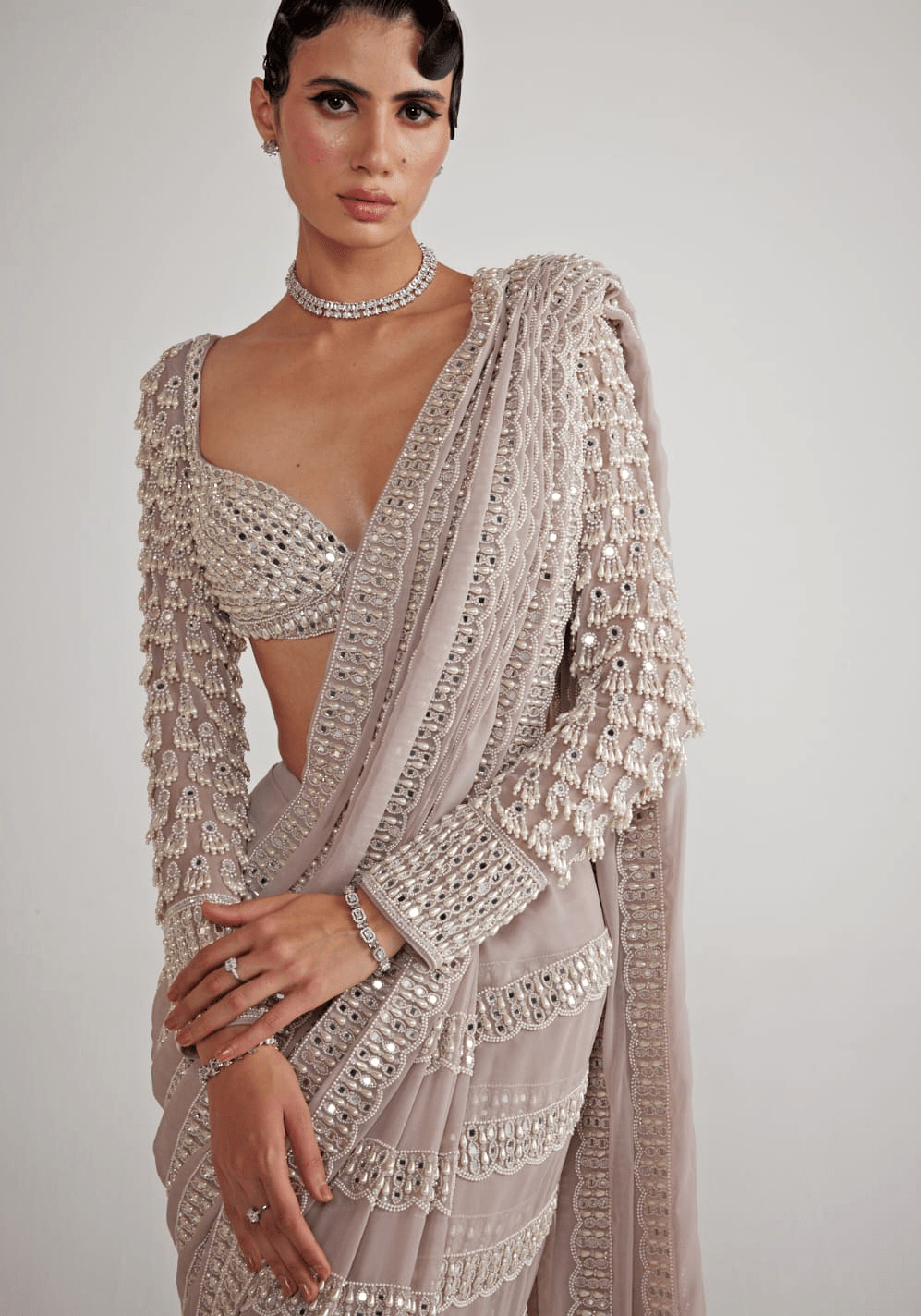 Ash Pink Chandelier Pearl Drop Pre Draped Saree Set Vvani By Vani Vats - Fabilicious Fashion
