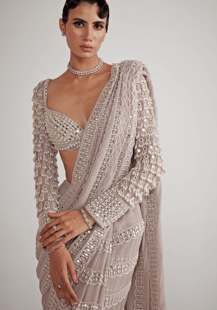 Ash Pink Chandelier Pearl Drop Pre Draped Saree Set Vvani By Vani Vats - Fabilicious Fashion