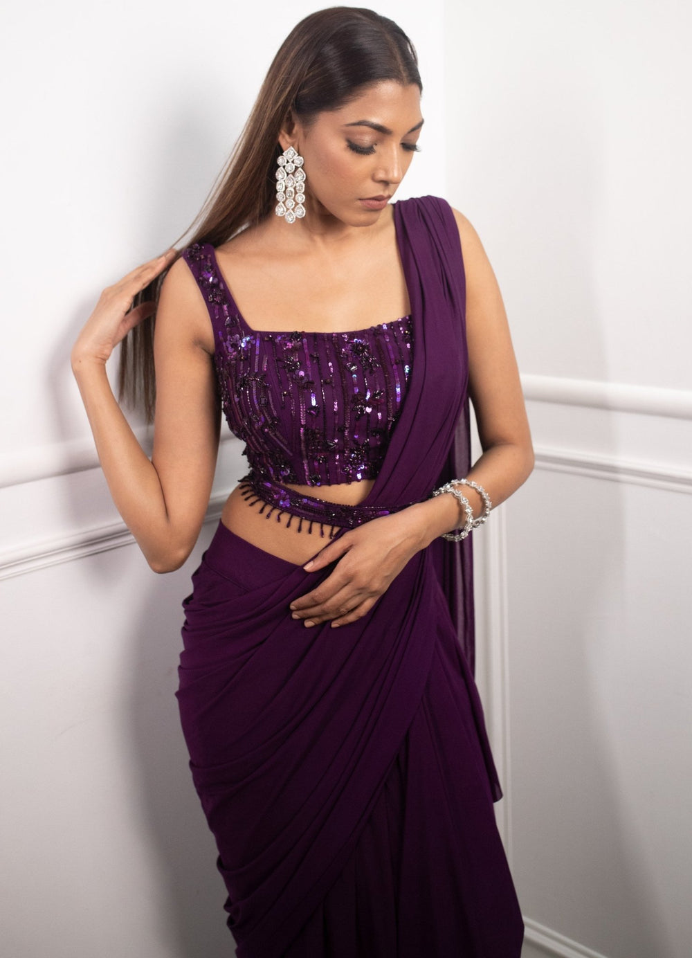 Aubergine Draped Saree Set Parul Gandhi - Fabilicious Fashion