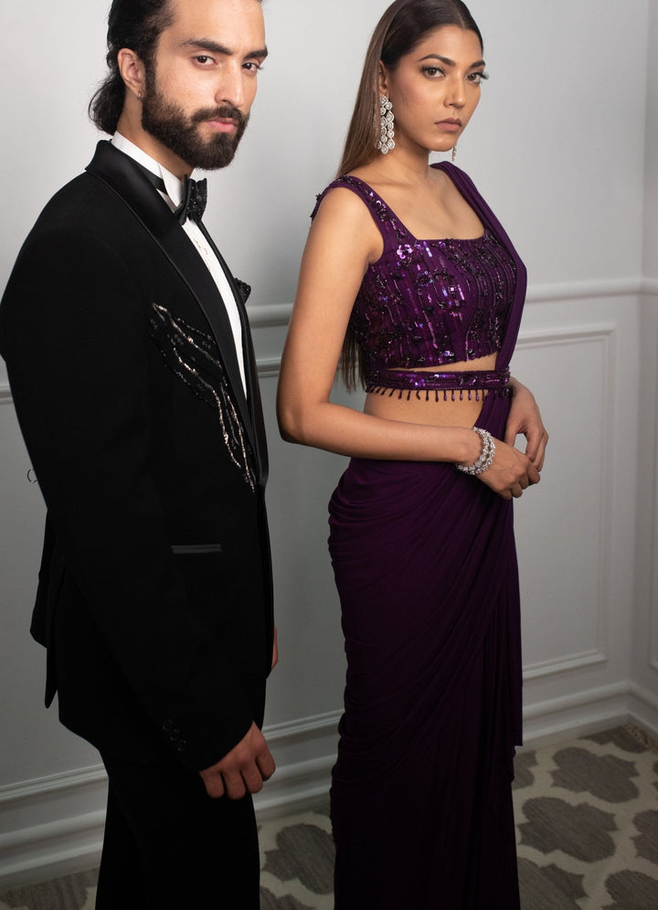 Aubergine Draped Saree Set Parul Gandhi - Fabilicious Fashion