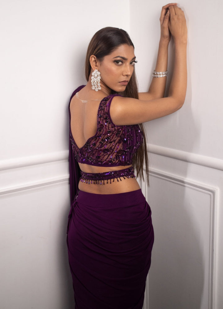Aubergine Draped Saree Set Parul Gandhi - Fabilicious Fashion