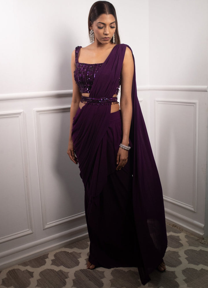 Aubergine Draped Saree Set Parul Gandhi - Fabilicious Fashion