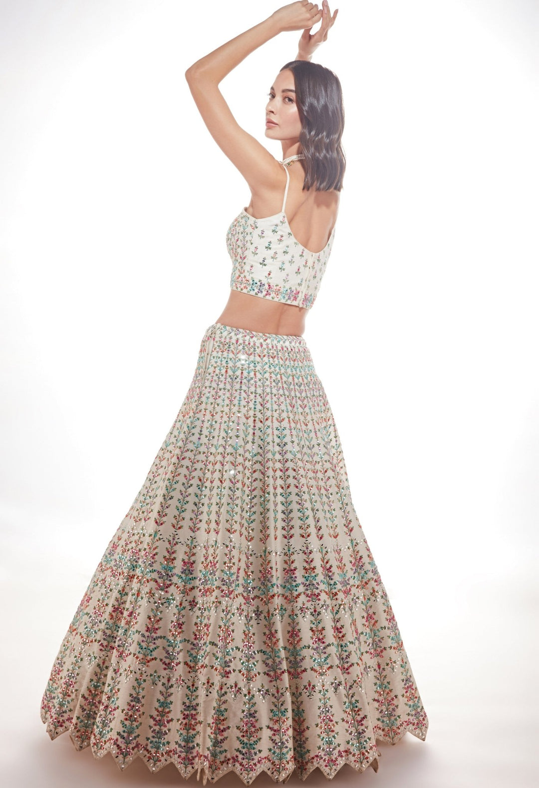 Ava Ivory Resham and Mirrorwork Multihued Lehenga Set Chamee n Palak - Fabilicious Fashion