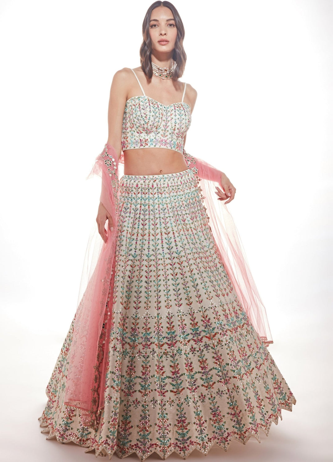 Ava Ivory Resham and Mirrorwork Multihued Lehenga Set Chamee n Palak - Fabilicious Fashion