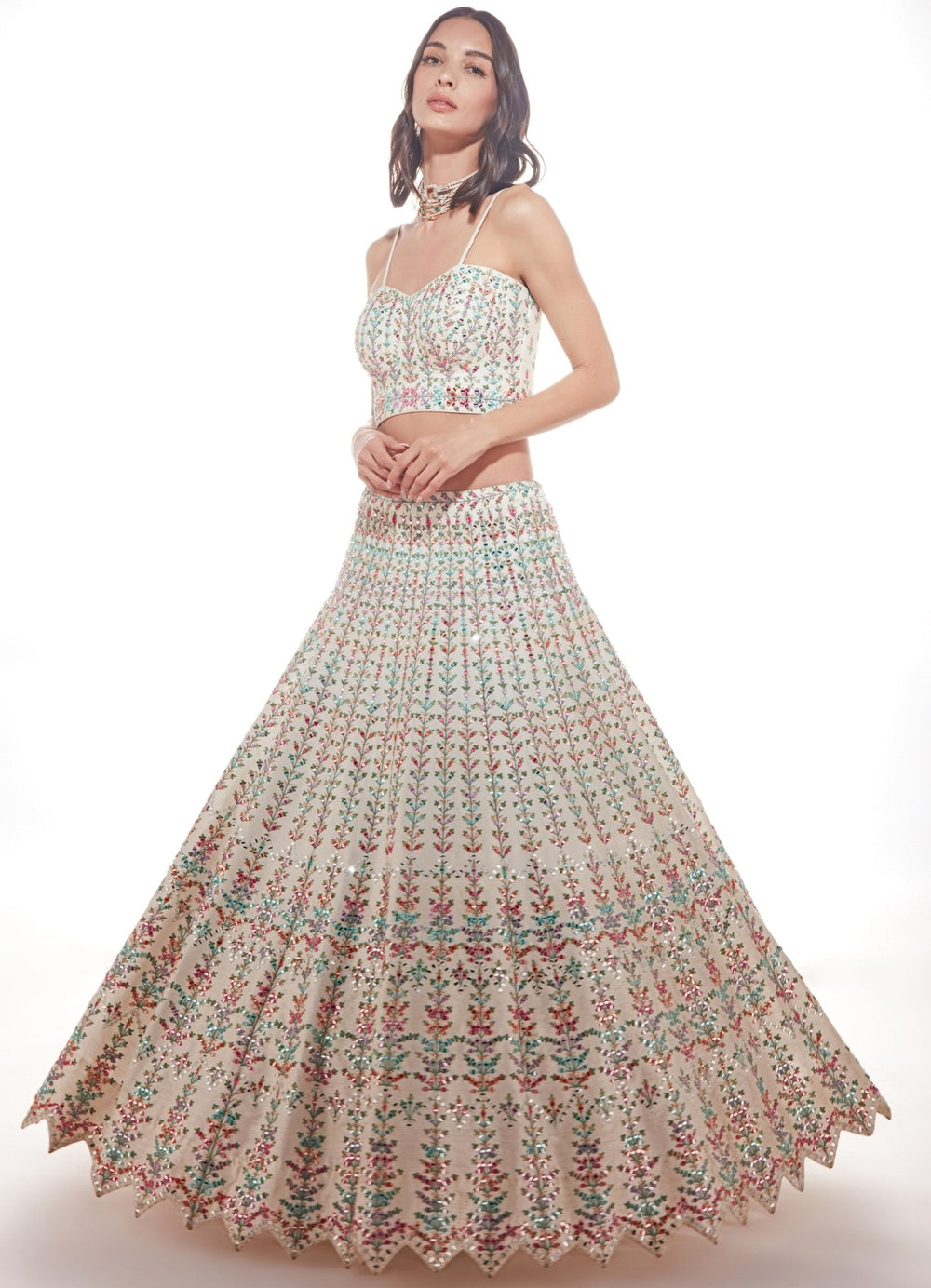 Ava Ivory Resham and Mirrorwork Multihued Lehenga Set Chamee n Palak - Fabilicious Fashion