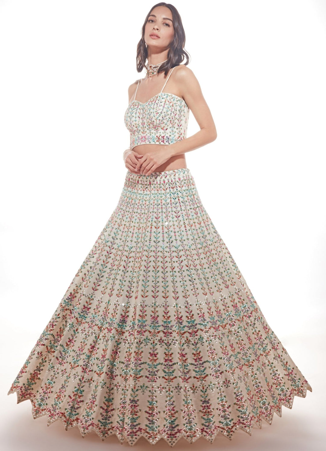 Ava Ivory Resham and Mirrorwork Multihued Lehenga Set Chamee n Palak - Fabilicious Fashion