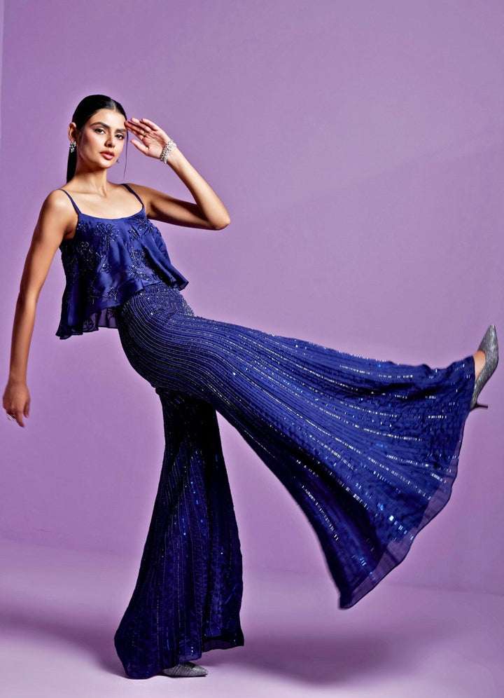 Azure Blue Sequinned Satin Organza Pant Set Parul Gandhi - Fabilicious Fashion