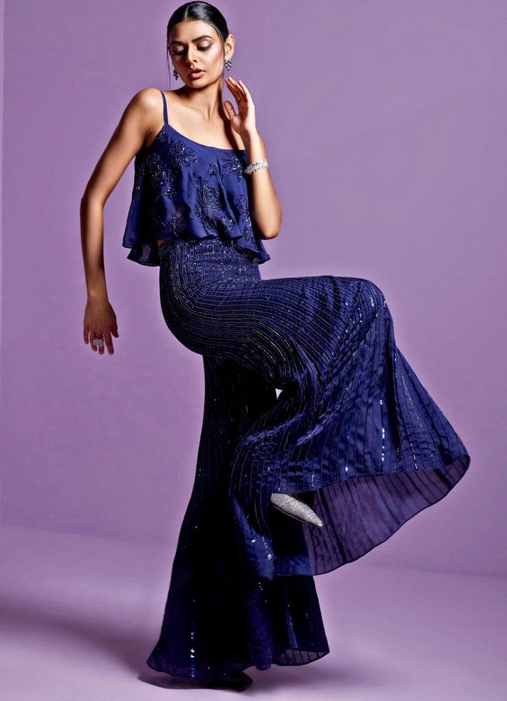 Azure Blue Sequinned Satin Organza Pant Set Parul Gandhi - Fabilicious Fashion