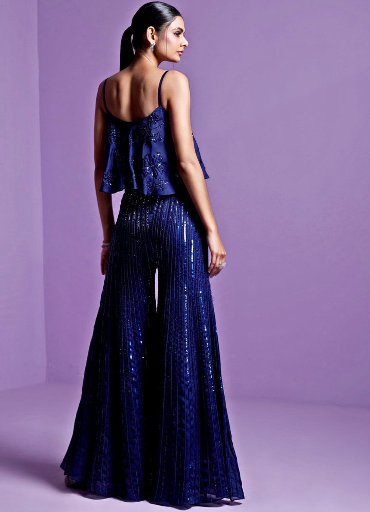 Azure Blue Sequinned Satin Organza Pant Set Parul Gandhi - Fabilicious Fashion