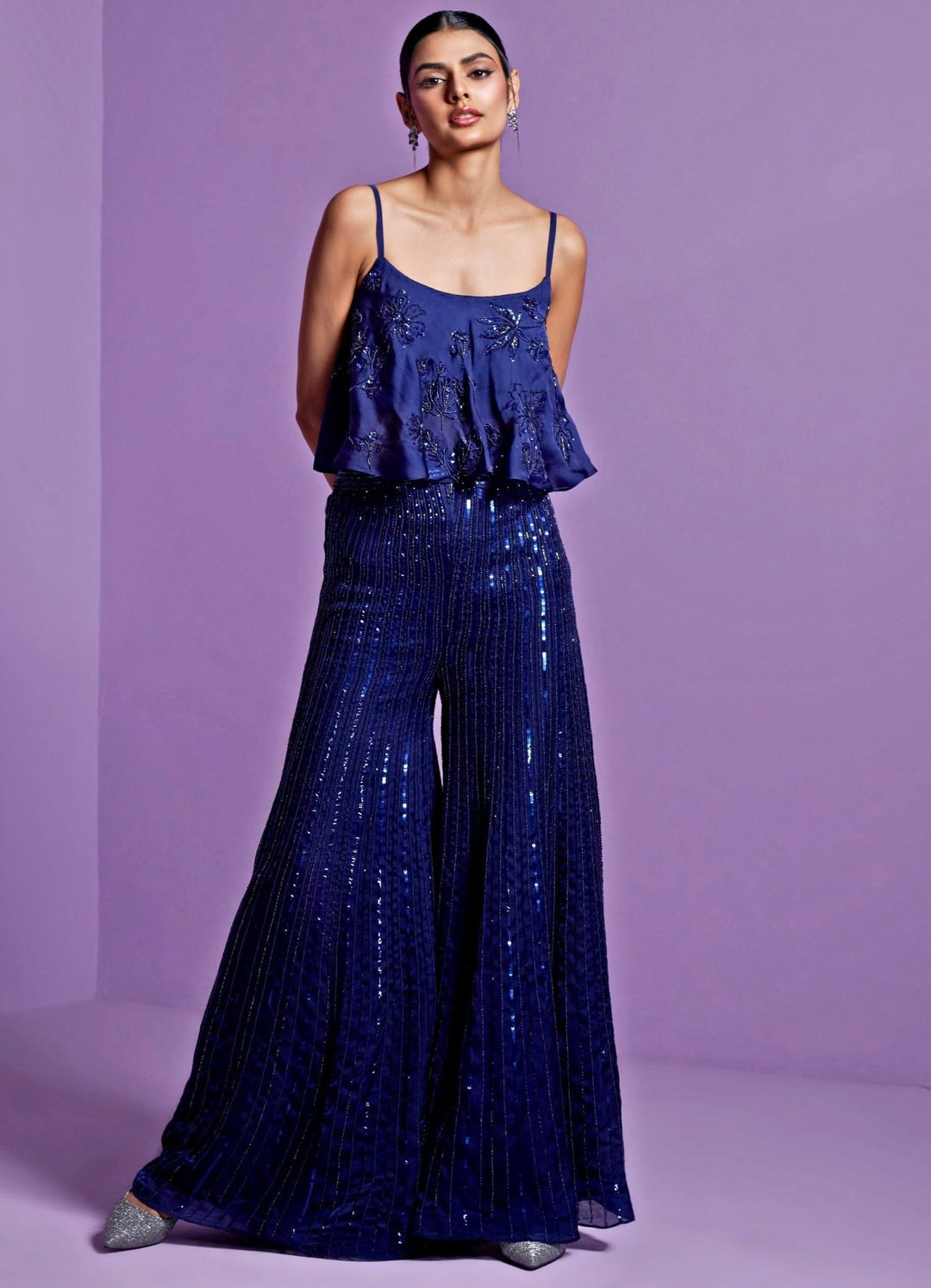 Azure Blue Sequinned Satin Organza Pant Set Parul Gandhi - Fabilicious Fashion