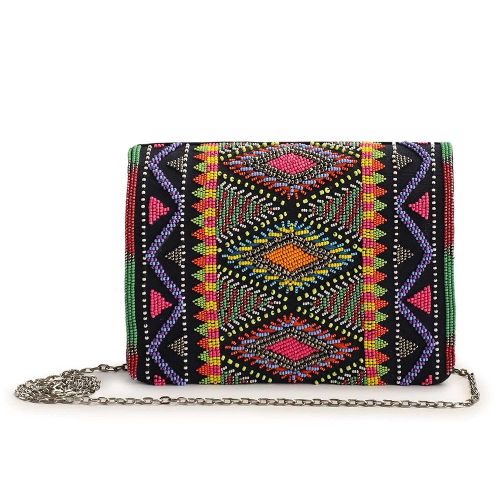 Beaded Black Aztec Clutch The Purple Sack - Fabilicious Fashion