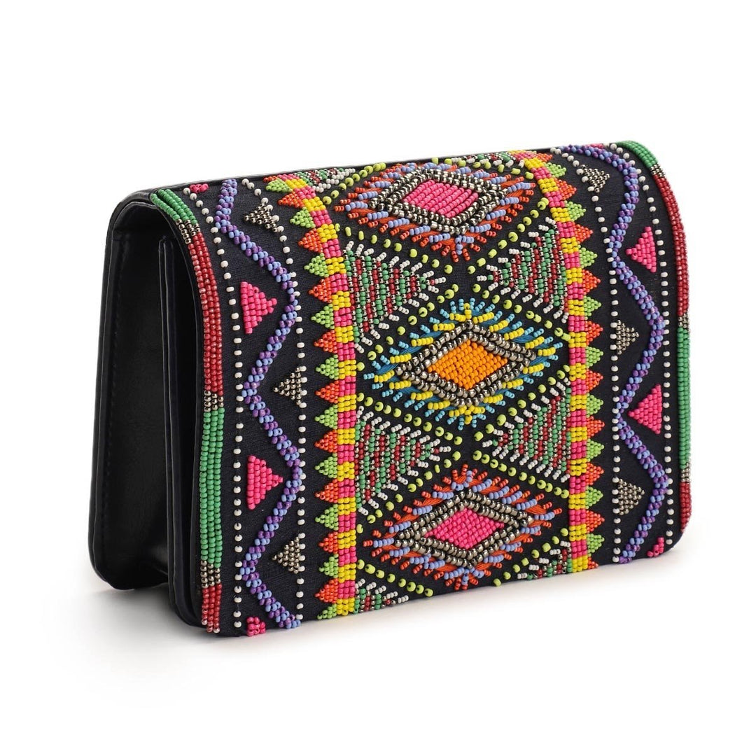 Beaded Black Aztec Clutch The Purple Sack - Fabilicious Fashion