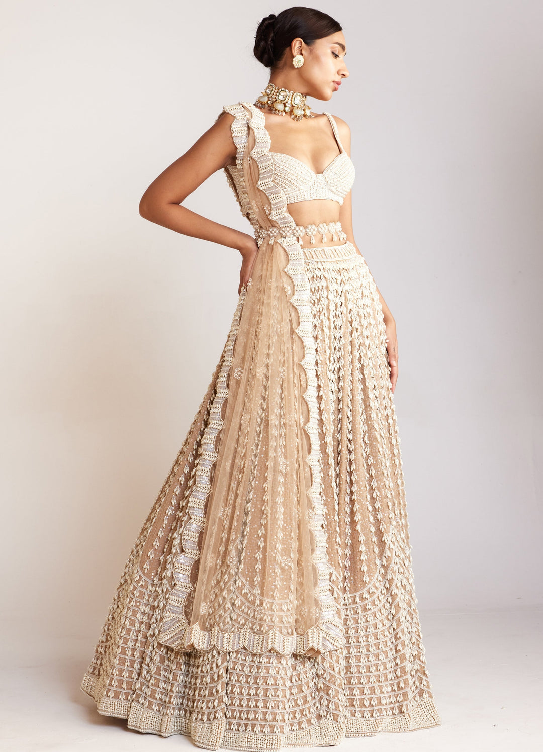 Beige Chandelier Pearl Embellished Lehenga Set With Sleeveless Blouse Vvani By Vani Vats - Fabilicious Fashion