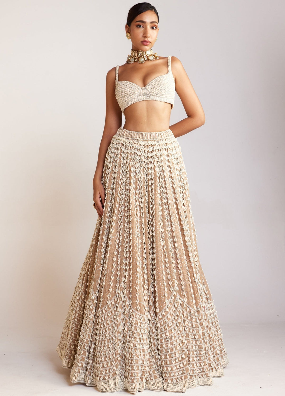 Beige Chandelier Pearl Embellished Lehenga Set With Sleeveless Blouse Vvani By Vani Vats - Fabilicious Fashion