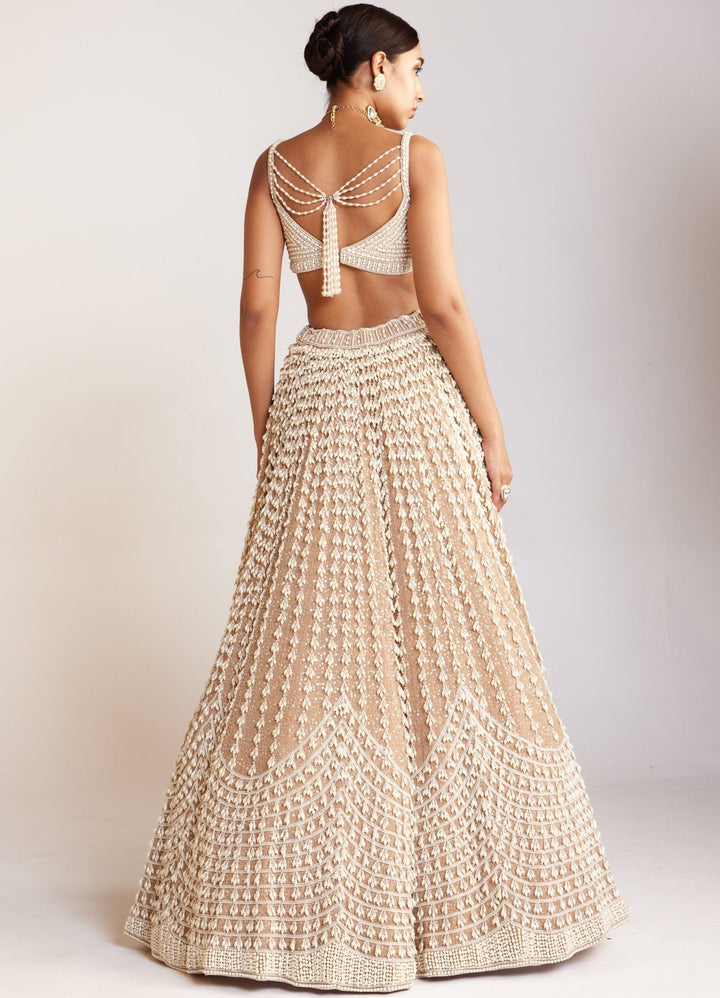Beige Chandelier Pearl Embellished Lehenga Set With Sleeveless Blouse Vvani By Vani Vats - Fabilicious Fashion