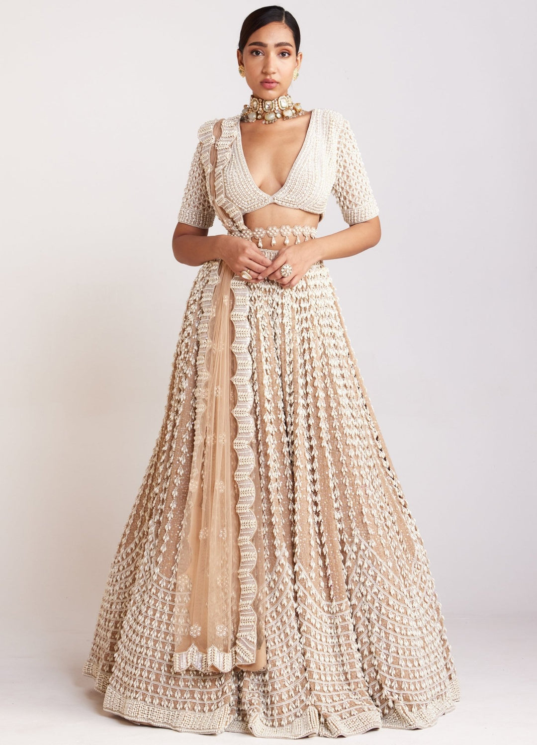 Beige Chandelier Pearl Work Lehenga Set With Dupatta Vvani By Vani Vats - Fabilicious Fashion