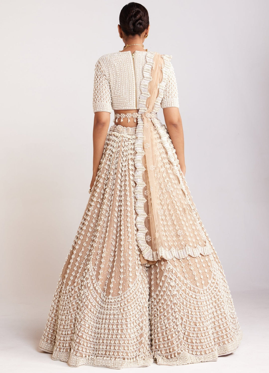 Beige Chandelier Pearl Work Lehenga Set With Dupatta Vvani By Vani Vats - Fabilicious Fashion