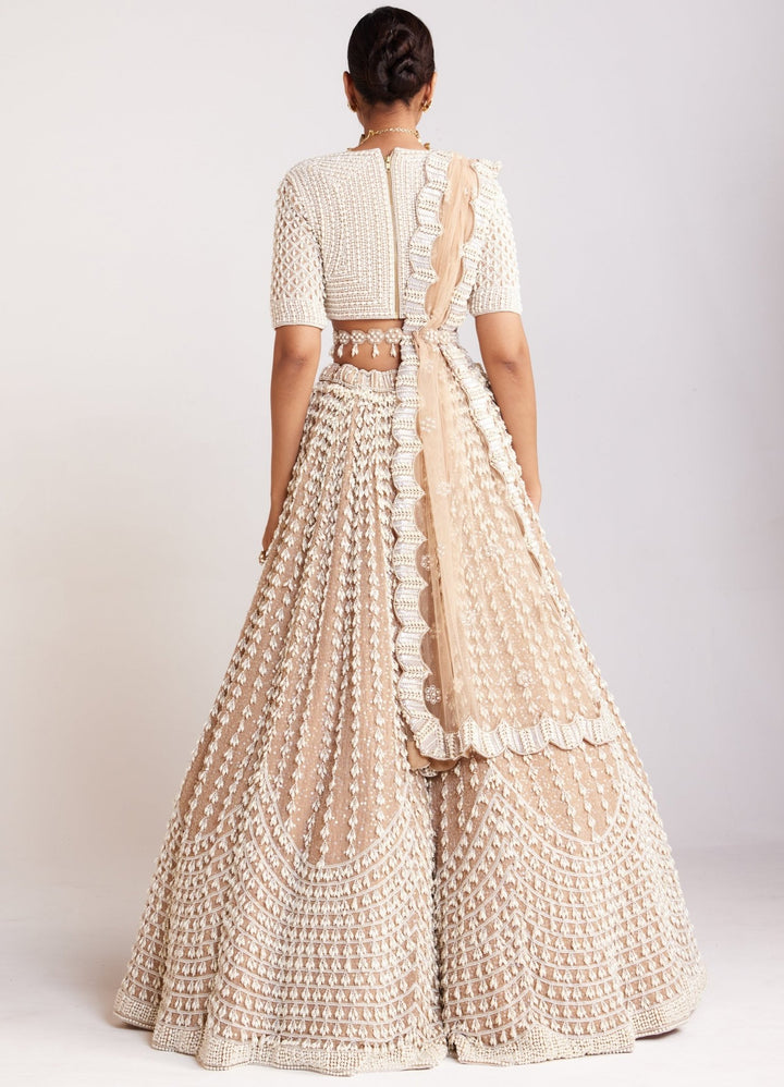 Beige Chandelier Pearl Work Lehenga Set With Dupatta Vvani By Vani Vats - Fabilicious Fashion