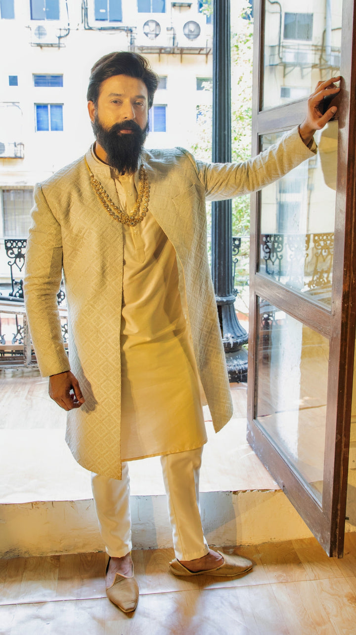 Beige Embellished Jacket Style Sherwani Set Priti Sahni - Men - Fabilicious Fashion