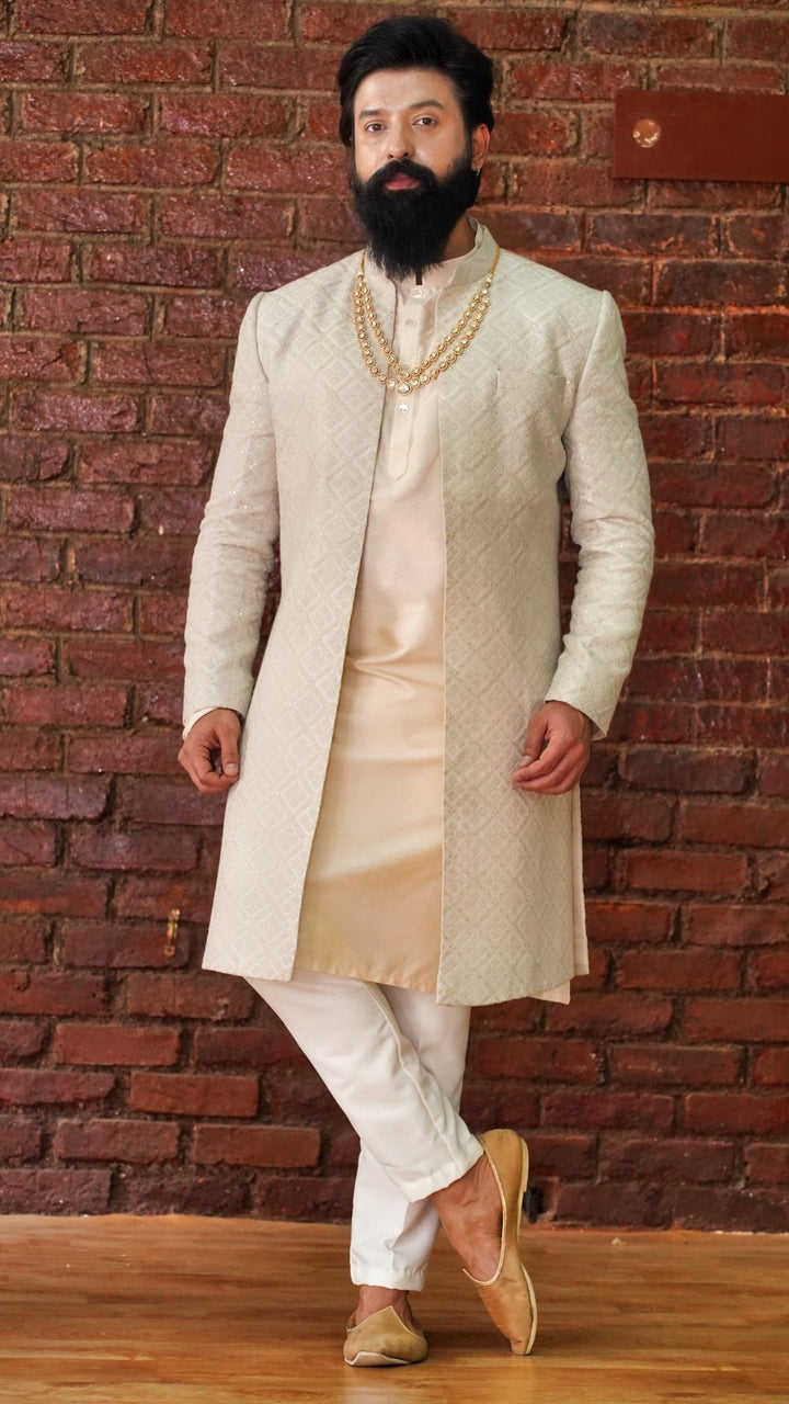 Beige Embellished Jacket Style Sherwani Set Priti Sahni - Men - Fabilicious Fashion