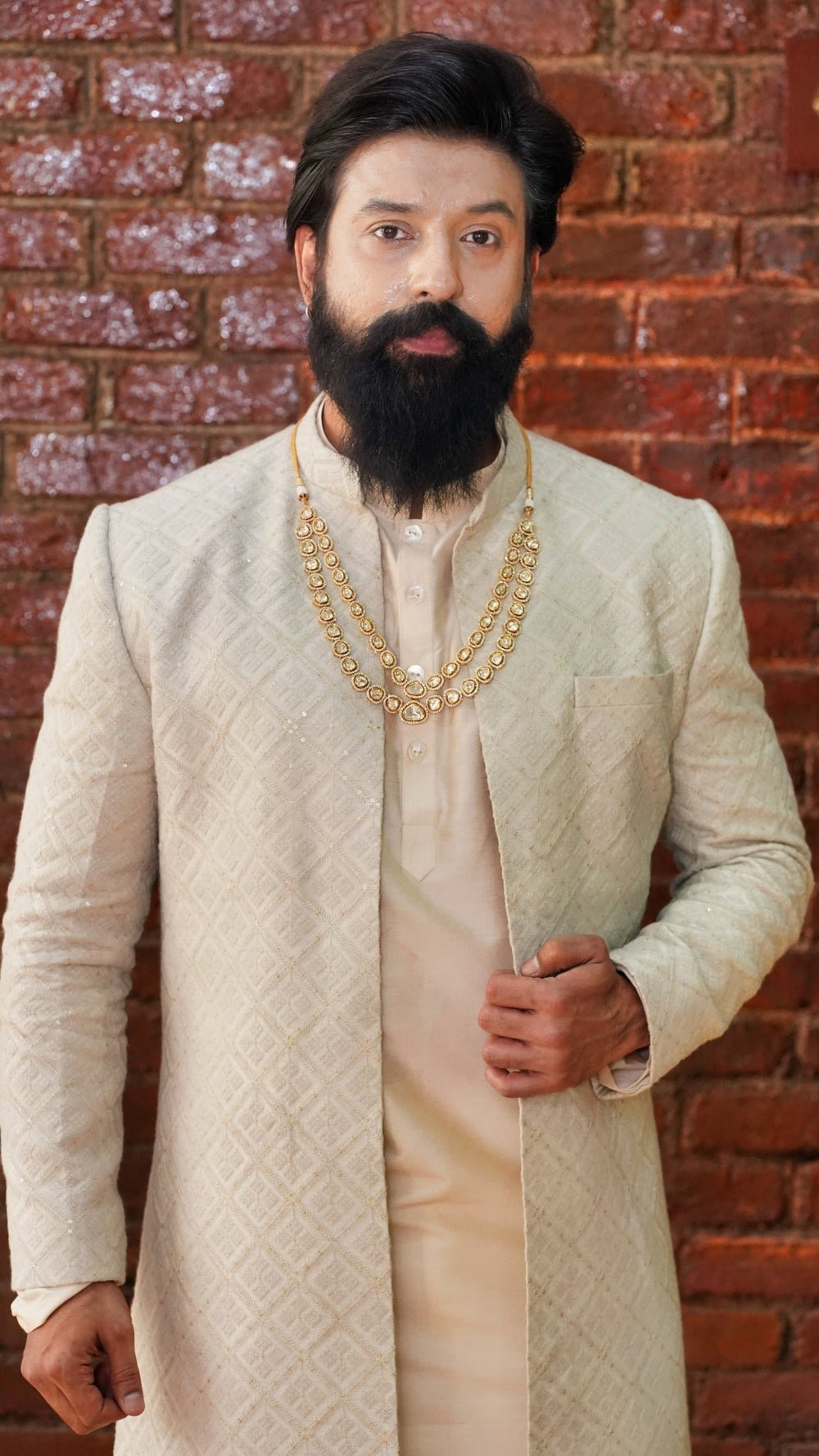 Beige Embellished Jacket Style Sherwani Set Priti Sahni - Men - Fabilicious Fashion