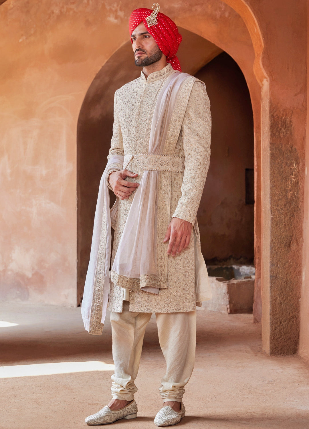 Beige Embellished Silk Sherwani With Kurta And Churidar Pant Nitika Gujral - Men - Fabilicious Fashion