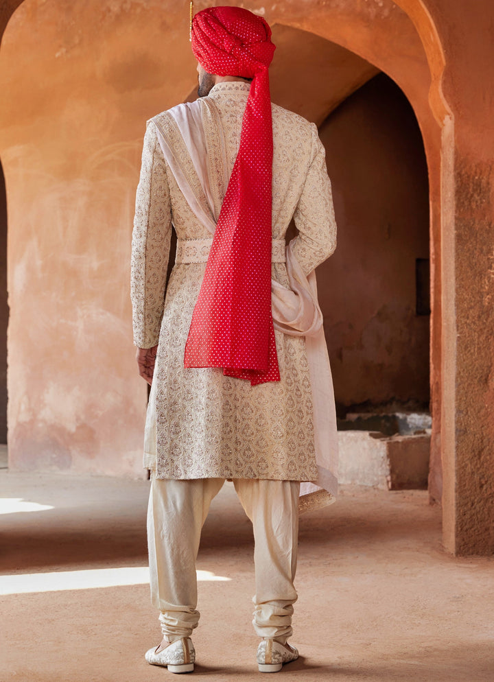 Beige Embellished Silk Sherwani With Kurta And Churidar Pant Nitika Gujral - Men - Fabilicious Fashion