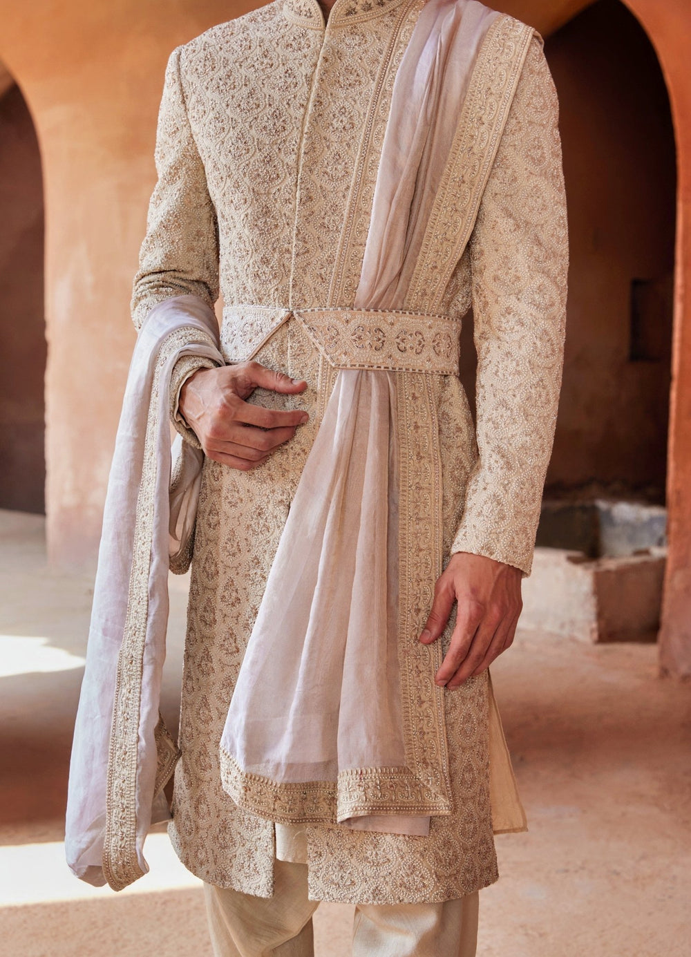 Beige Embellished Silk Sherwani With Kurta And Churidar Pant Nitika Gujral - Men - Fabilicious Fashion