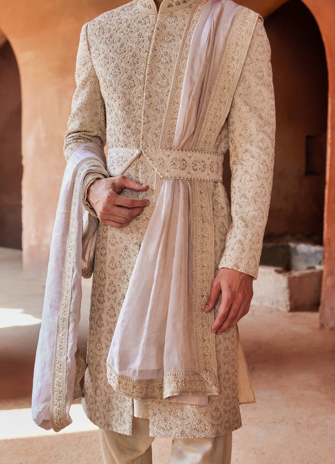 Beige Embellished Silk Sherwani With Kurta And Churidar Pant Nitika Gujral - Men - Fabilicious Fashion