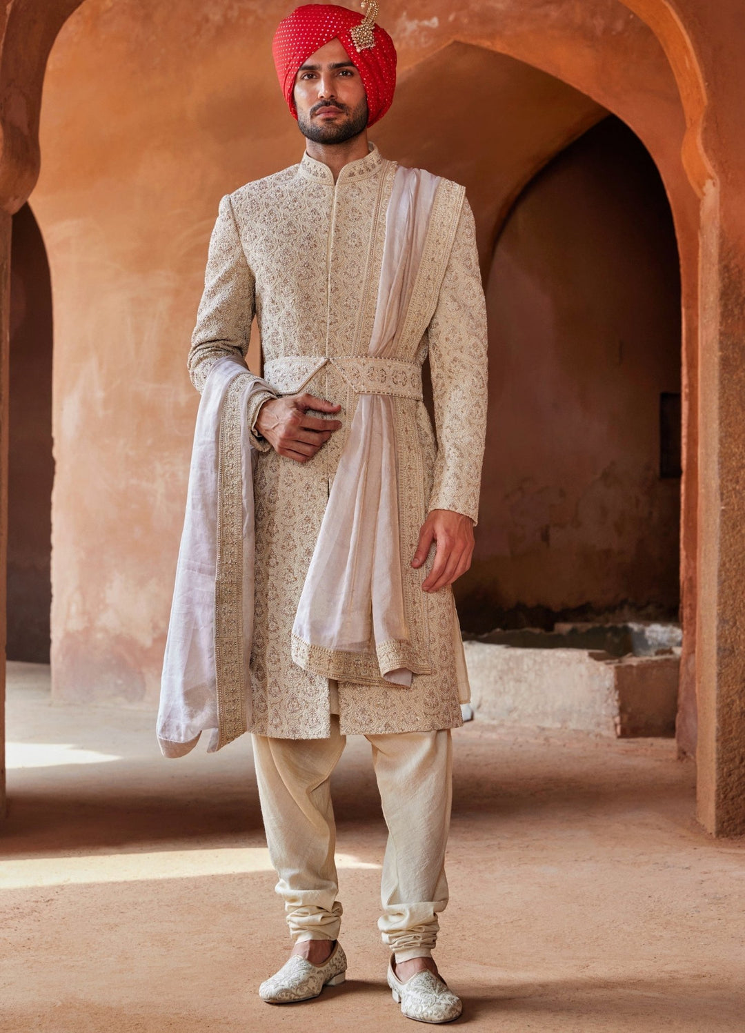 Beige Embellished Silk Sherwani With Kurta And Churidar Pant Nitika Gujral - Men - Fabilicious Fashion
