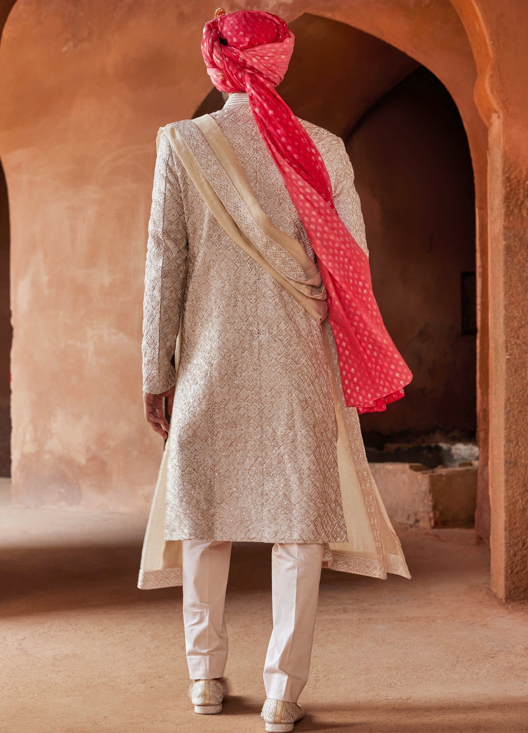 Beige Embellished Silk Sherwani With Kurta And Trousers Nitika Gujral - Men - Fabilicious Fashion