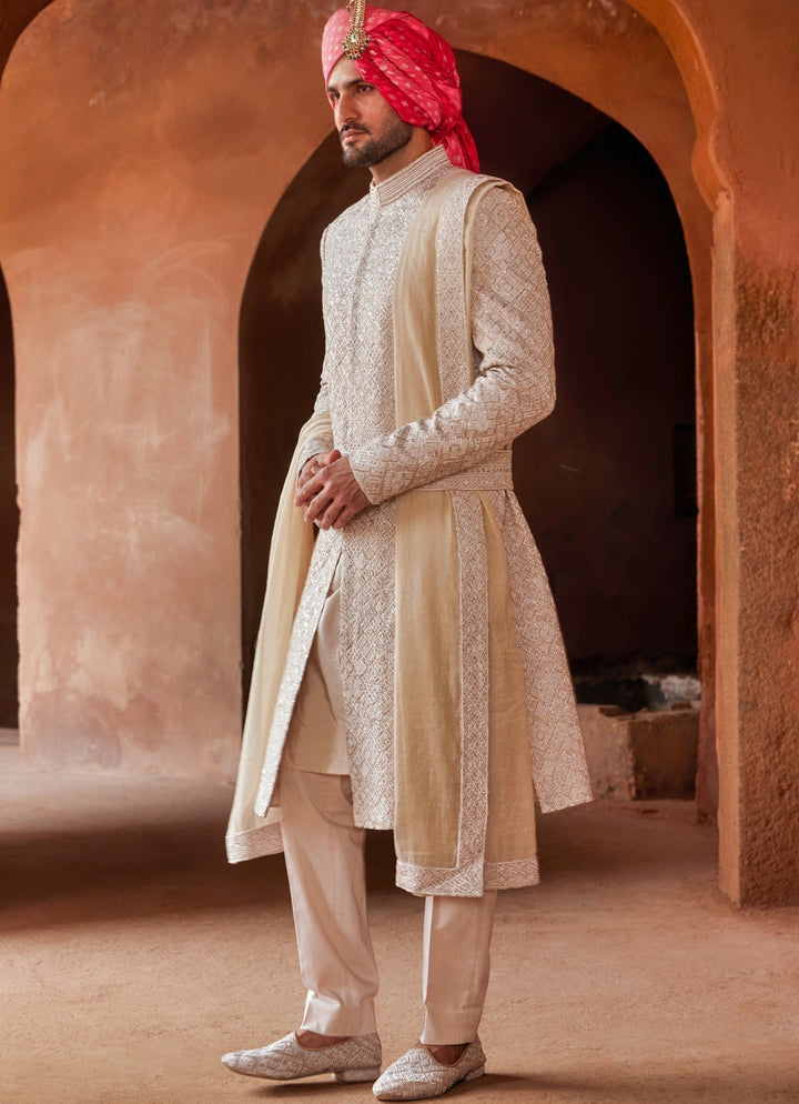 Beige Embellished Silk Sherwani With Kurta And Trousers Nitika Gujral - Men - Fabilicious Fashion