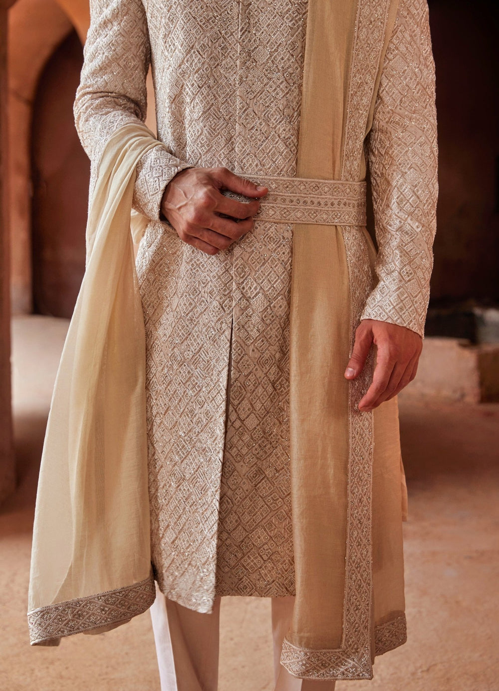 Beige Embellished Silk Sherwani With Kurta And Trousers Nitika Gujral - Men - Fabilicious Fashion