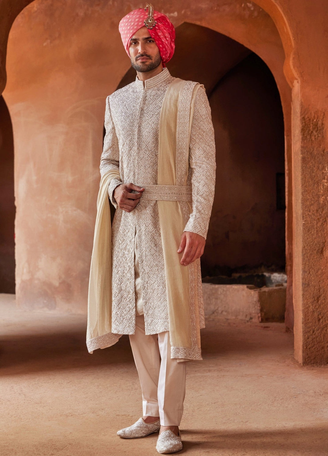 Beige Embellished Silk Sherwani With Kurta And Trousers Nitika Gujral - Men - Fabilicious Fashion