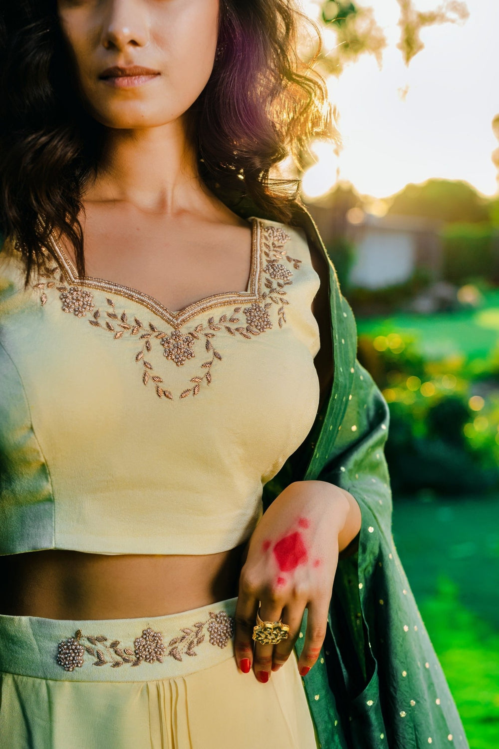 Beige Georgette Draped Lehenga Set With Dark Green Chanderi Cape Redpine - Fabilicious Fashion