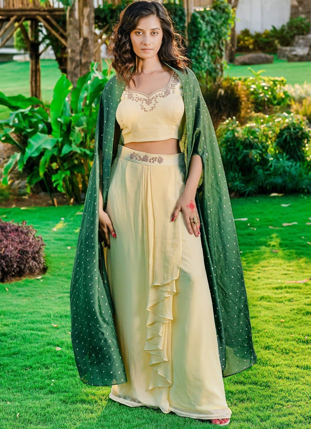 Beige Georgette Draped Lehenga Set With Dark Green Chanderi Cape Redpine - Fabilicious Fashion