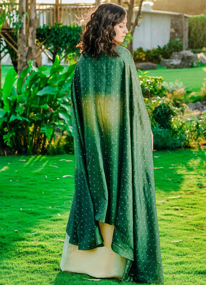 Beige Georgette Draped Lehenga Set With Dark Green Chanderi Cape Redpine - Fabilicious Fashion