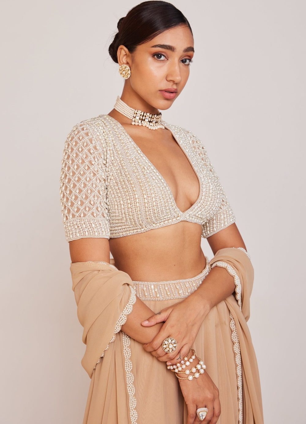Beige Georgette Lehenga Pant Set With Embellished Blouse Vvani By Vani Vats - Fabilicious Fashion
