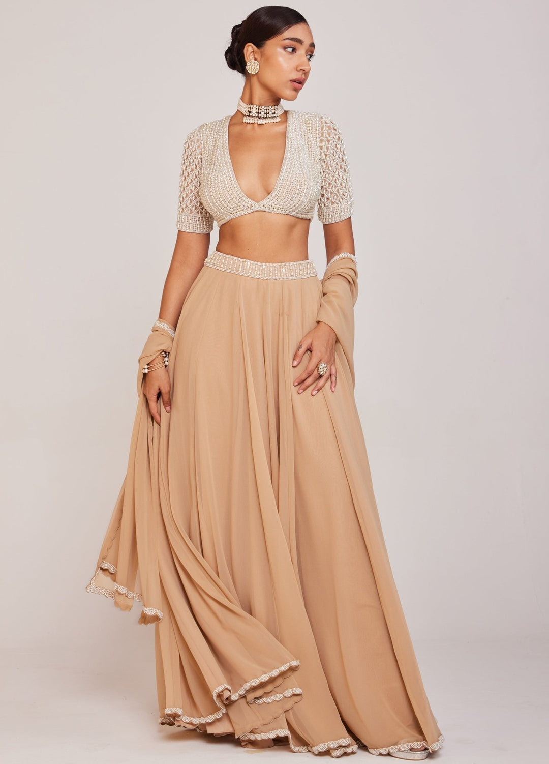 Beige Georgette Lehenga Pant Set With Embellished Blouse Vvani By Vani Vats - Fabilicious Fashion