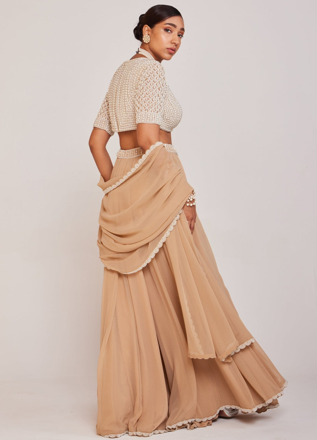 Beige Georgette Lehenga Pant Set With Embellished Blouse Vvani By Vani Vats - Fabilicious Fashion