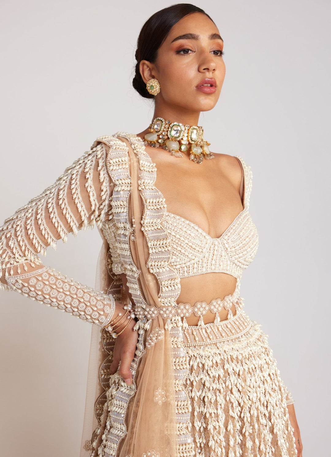 Beige Georgette Lehenga Set With Chandelier Pearl Work Vvani By Vani Vats - Fabilicious Fashion