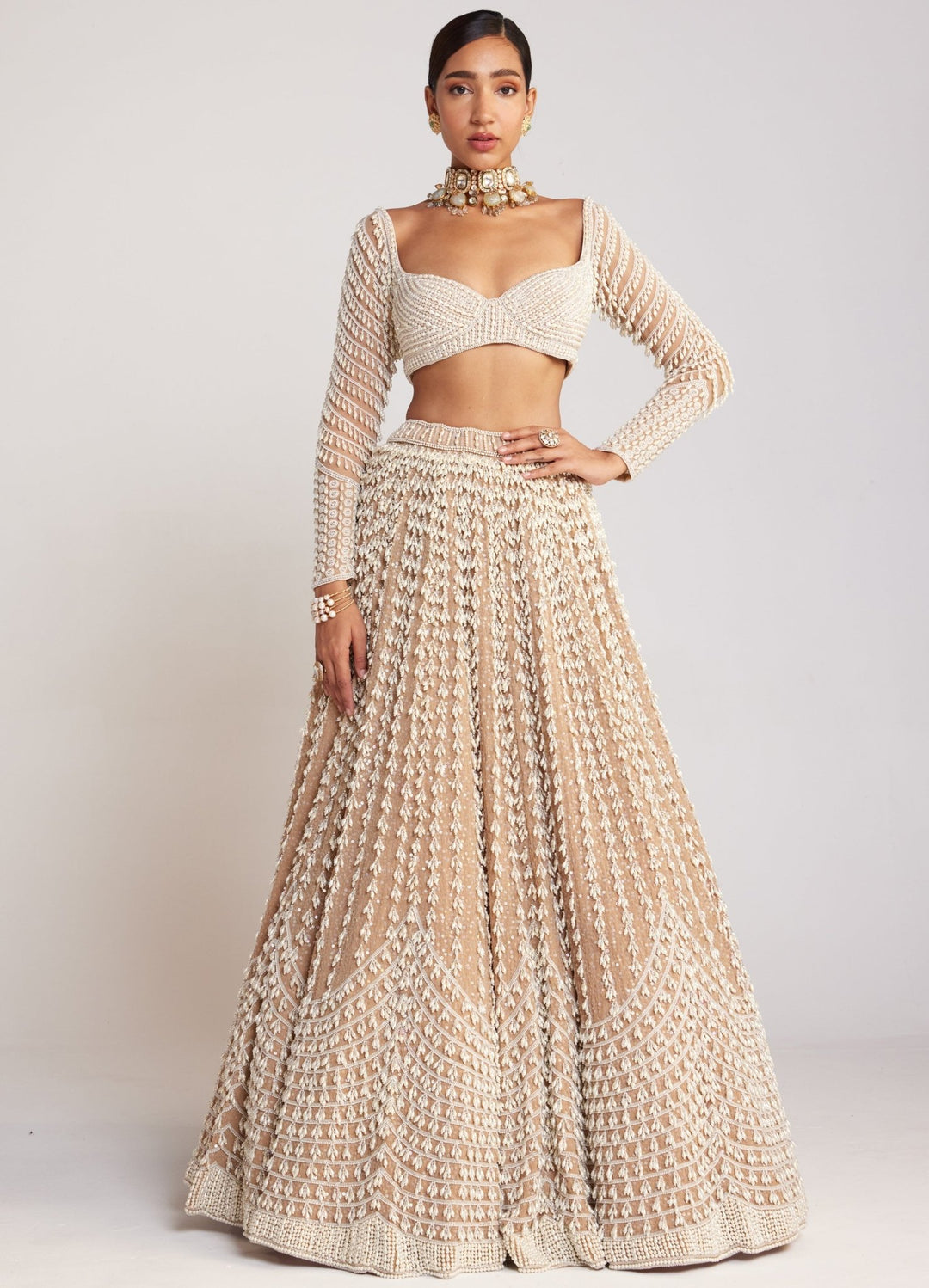 Beige Georgette Lehenga Set With Chandelier Pearl Work Vvani By Vani Vats - Fabilicious Fashion