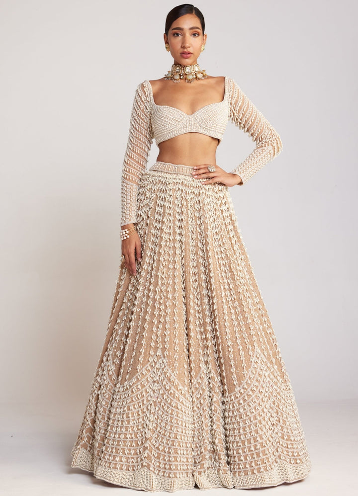 Beige Georgette Lehenga Set With Chandelier Pearl Work Vvani By Vani Vats - Fabilicious Fashion